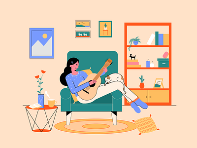living room 2d animal cat character characterdesign cozy design flat graphicdesign guitar home identity illustration love minimal music room style texture vector