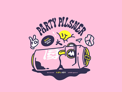PARTY PILS brand identity can character design fun illustration label lager lowbrow typography