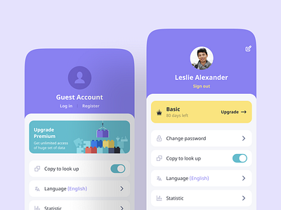 Profile Mobile UI app design dictionary guest interface login mobile premium profile sign in sign up ui ux