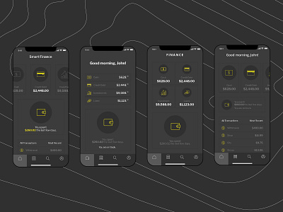 Home Screens (Dark Mode) for Finance App app circles dark mode design finance app home screen icon smartphone ui ux vector