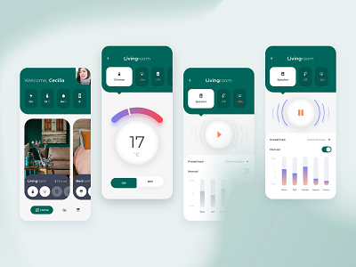 Smart Home Livingroom Control UI app clean climate equalizer kit lifestyle light mobile modern setting sketch smart home speaker ui ux