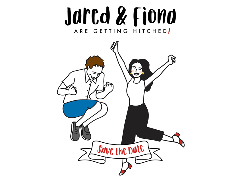 Jared & Fiona Save the Date cartoon character cute doodles drawing excited fun illustration jump love married save the date wedding