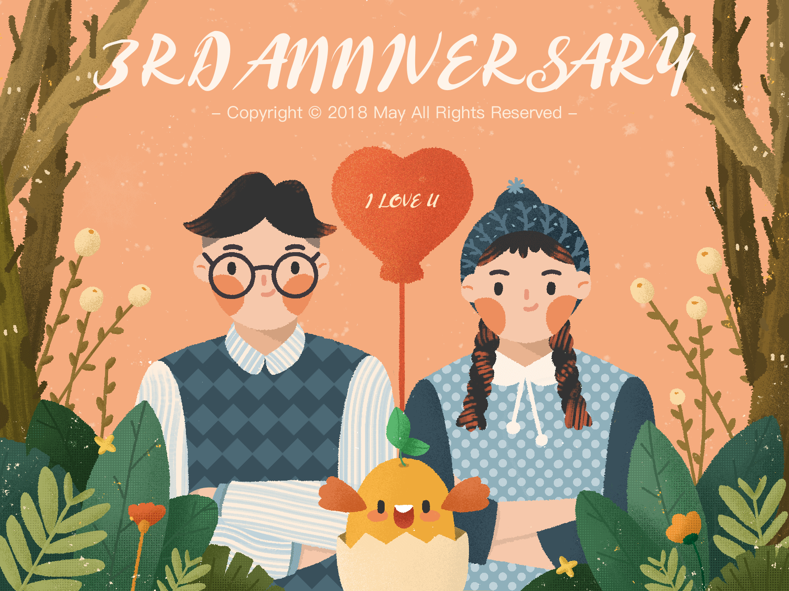 Happy 3rd Anniversary love ui 情侣 插图 植物 清新