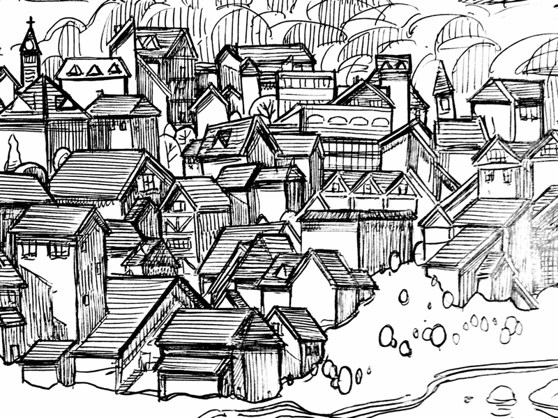 Mountain river city concept woo drawing sketchbook crumbs roguemeat studio milwaukee artist narrative