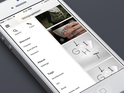 Black and White app design feed home inspiration menu navigation ui