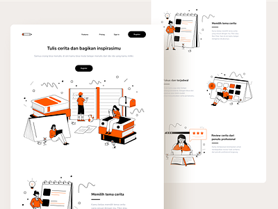 Landing Page Exploration for Writing Courses article book character course design human inspiration landing page line art minimal monochrome outline people website writing