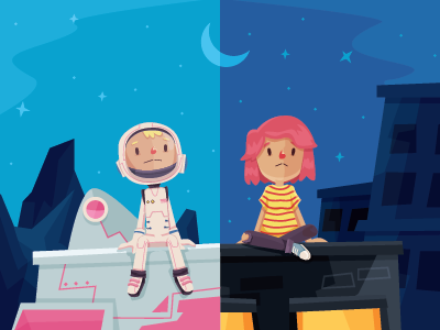 somewhere, somehow we`ll be together astronaut character illustration love night space vector