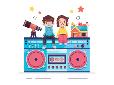 Put your record on, Tell me your favorite song character design home icon illustration record star tape vector