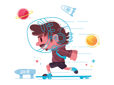 Keep Going 2d adventure astronaut character illustration rocket skateboard