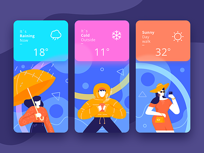 Weather App app character cold illustration mobile onboarding people rain sunny weather