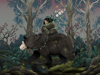 Ainu Bear Rider ainu animals art bear beastie boys botanical character design concept cuture dusk fireflies forest girl illustration nature orchid plants tough