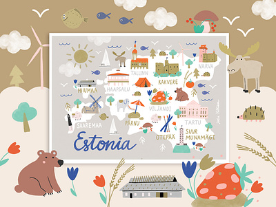 Estonian map bear character country europe illustration kids map nature travel traveling