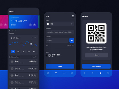 Crypto Wallet bitcoin blue btc crypto crypto wallet cryptocurrency dark darktheme darkui design eos ethereum figma gradient mobile send ui uiux