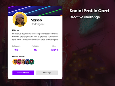 Social Profile card card community creative challenge design followers friends social network social profile ui ux xd design