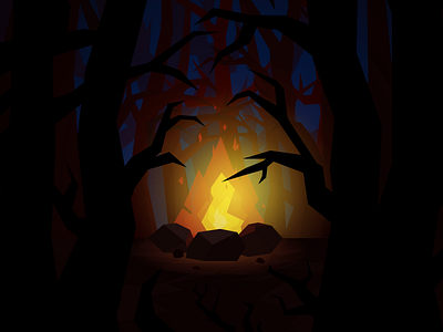 A Night In The Forest art atmosphere bonfire campfire colors design drawing fire forest illustration illustrator nature night tree vector