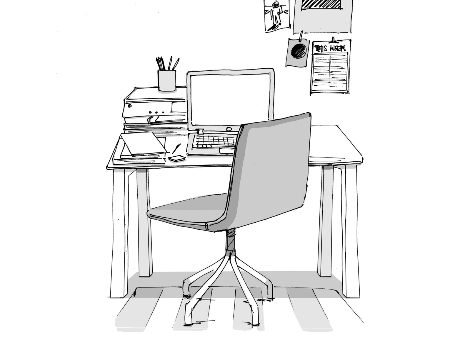 Office desk sketch by Andy Harlow on Dribbble