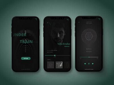 "Under the Train" application artistic direction dark app dark design graphic design music app typography ui ux design ux design