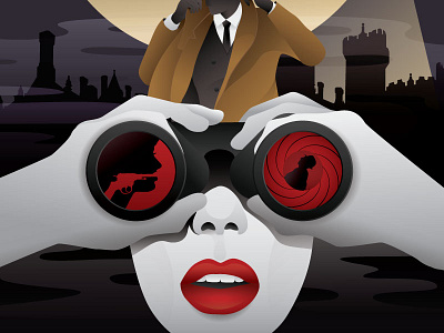 Station M binoculars detective gun illustration lips mystery poster