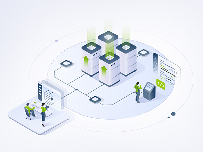 Green Arrow Illustrations – Engine On-Premise Edition brand design branding city coding delivery design engine green icon illustration isometric marketing people platform servers smarter system transactions vector