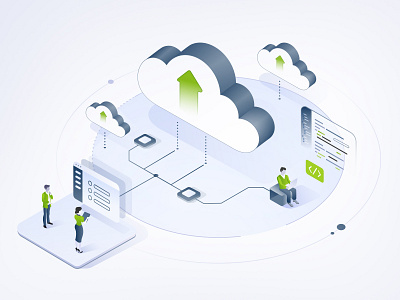 Green Arrow Illustrations – Engine-Cloud Edition action branding clouds coding delivery green illustration isometric marketing office people platform sales server services smarter studio transactional ui vector