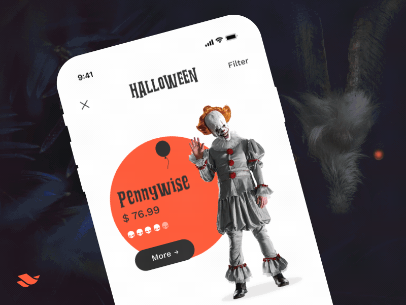 Halloween Costume Rental 👻 animation app application category page design e-commerce helloween horror it la muerta marvel mobile app negan pennywise slider spider-man ui ux walking dead web