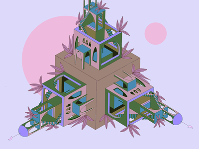 Sunsets building cube digital dimension monument moon plant procreate surreal tridimensional