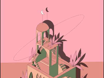 Moonrise Kingdom? building door gif ladders monument moon orbit pink plants stairs