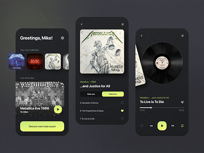 Spotiphone dark mode dark theme metallica music app ui vinyl