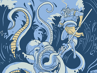 Neptune vs the Kraken illustration kraken water