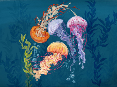 Group Jelly animation aquarium concept art digital environment design fantasy art illustration jelly fish kelp ocean