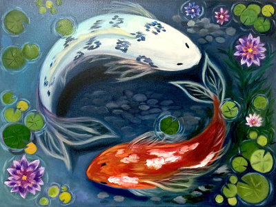 Yin and Yang garden illustration koi fish oil on canvas oil paint painting traditional art