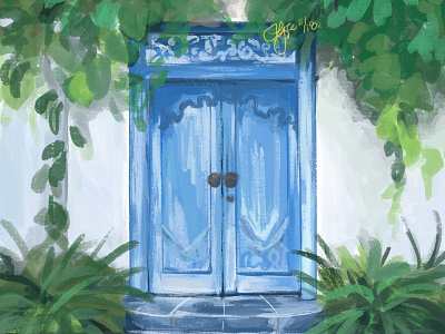 the Blue door concept art digital painting environment design geometic illustration ivy study symmetry