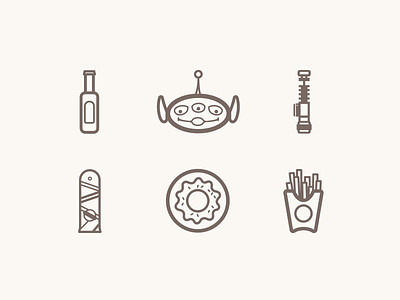 Things I love beer donuts food fries hoverboard icons illustration lightsaber pixar star wars toy story vector