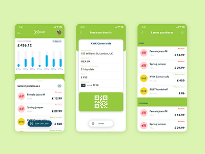 Personal Finance app cards chart e receipt finance app ios iphone listing paperless qrcode receipt scanning screen shopping transaction typography ui