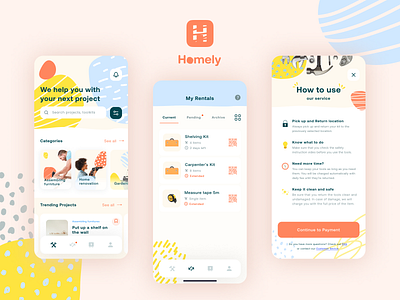 Homely - Home Tool Rental App bold card colorful competition concept craft creatives designflows diy home illustration interface ios logo mobile app pattern rental service tool ui