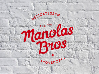 Manolas Bros. delicatessen provedores red script typography