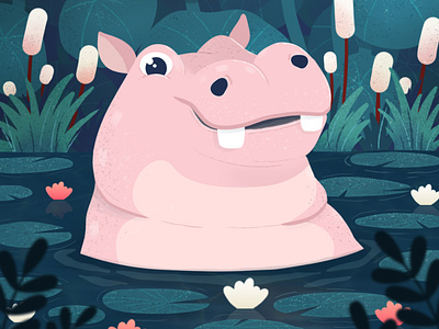 Pink Hippo on a Swamp animals art cute hippo illustration wildlife