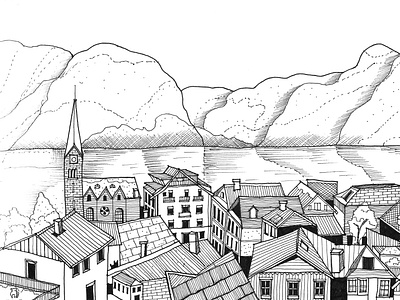 hand drawn sketch of Hallstatt, Austria