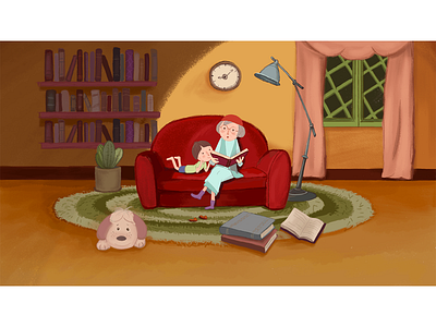 Happy Times book carpet clock curtain design dog family grandma illustration light plant reading senario