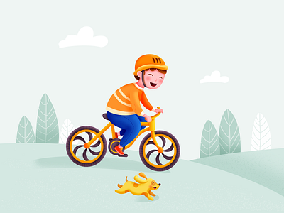 Childhood memory-2 animal bike blue boy childhood cloud design dog illustration orange plant smile tail yellow