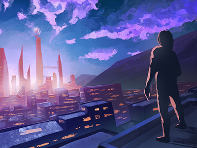 Ambientcloud city digitalpainting electronic environment man mix music painting perspective purple scifi sunset