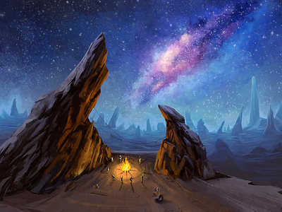 Alien world: Dancing in the fire alien background conceptart design environment fire landscape night purple