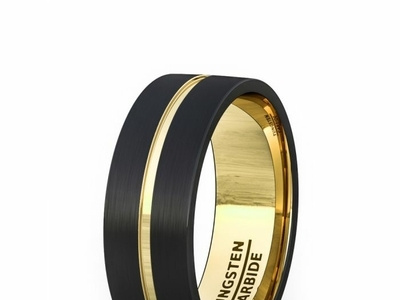 BLACK TUNGSTEN RING 8MM GOLD INSIDE AND GROOVE FLAT EDGE tungsten stone rings for him