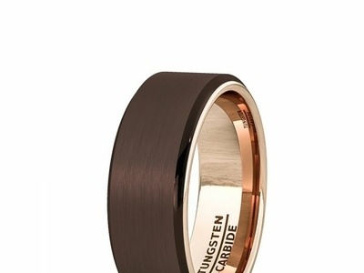 WEDDING BAND RARE BROWN INSIDE ROSE GOLD BEVELED EDGE black tungsten ring mens carbon fiber tungsten ring