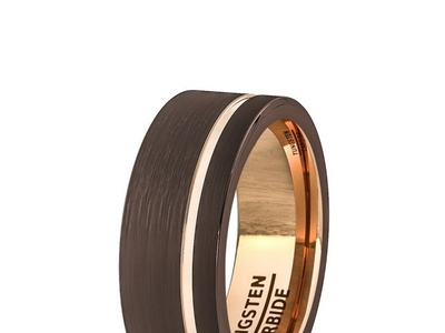 BROWN BRUSHED TUNGSTEN RING THIN SIDE ROSE GOLD GROOVE FLAT EDGE