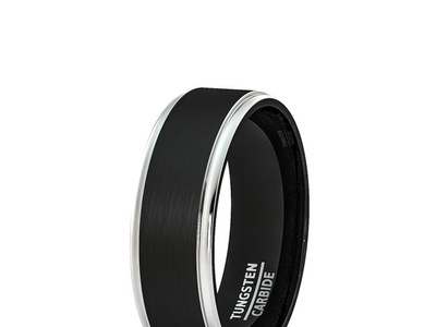 8MM BLACK TUNGSTEN RING BRUSHED WHITE STEP EDGE COMFORT FI