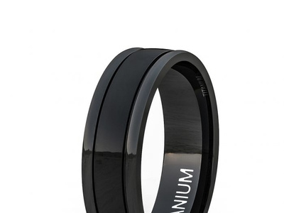 8MM TITANIUM RING BLACK POLISHED DOME DOUBLE GROOVE COMFORT FIT