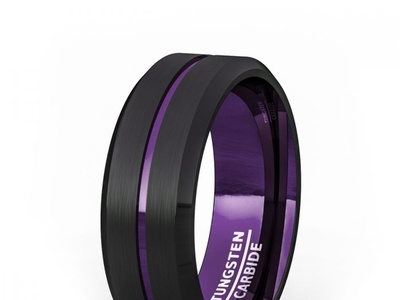 TWO TONE BLACK TUNGSTEN RING 8MM PURPLE GROOVE BEVELED EDGE men wedding band black stainless steel bracelet