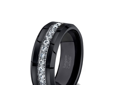 FASHION RING BLACK TUNGSTEN RING STACKED WITH CUBIC ZIRCON black tungsten men rings men wedding rings black mens carbon fiber tungsten ring tungsten men rings black