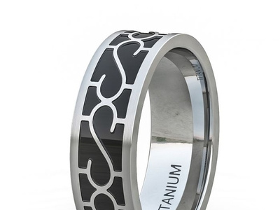 8MM TITANIUM RING BLACK POLISHED WEB PATTERN FLAT EDGE WHITE